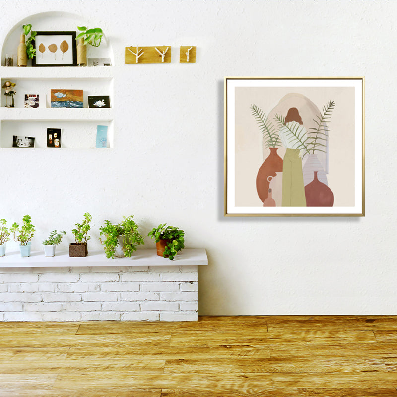 Brehn | Mädchen und Pflanze Zeichnung Leinwand Nordic Stilvolles Mode Wandkunst Druck in Pastellfarbe