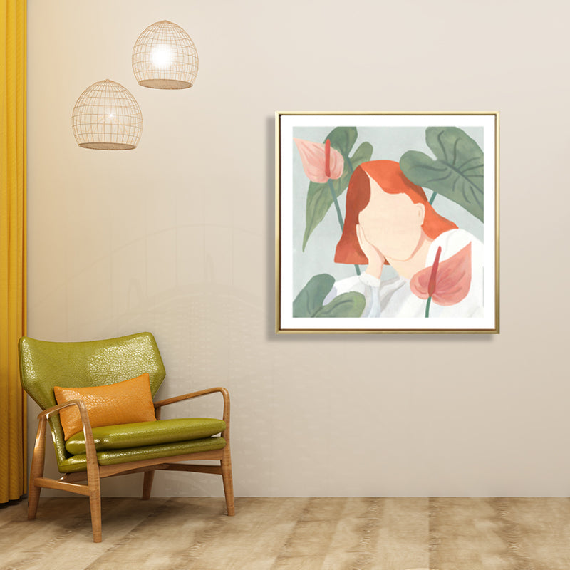 Brehn | Mädchen und Pflanze Zeichnung Leinwand Nordic Stilvolles Mode Wandkunst Druck in Pastellfarbe