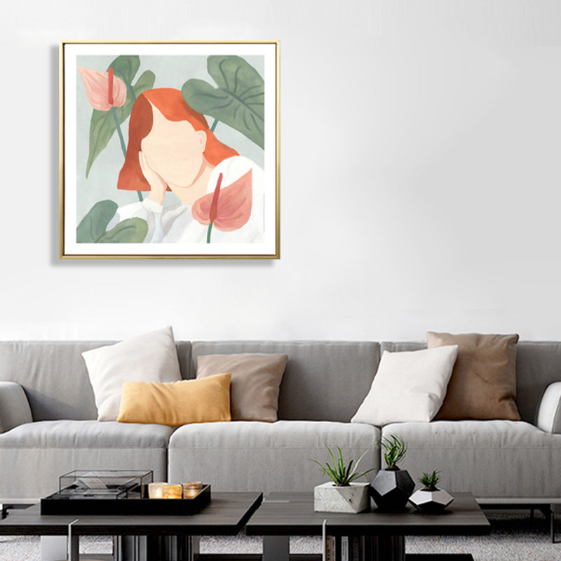 Brehn | Mädchen und Pflanze Zeichnung Leinwand Nordic Stilvolles Mode Wandkunst Druck in Pastellfarbe