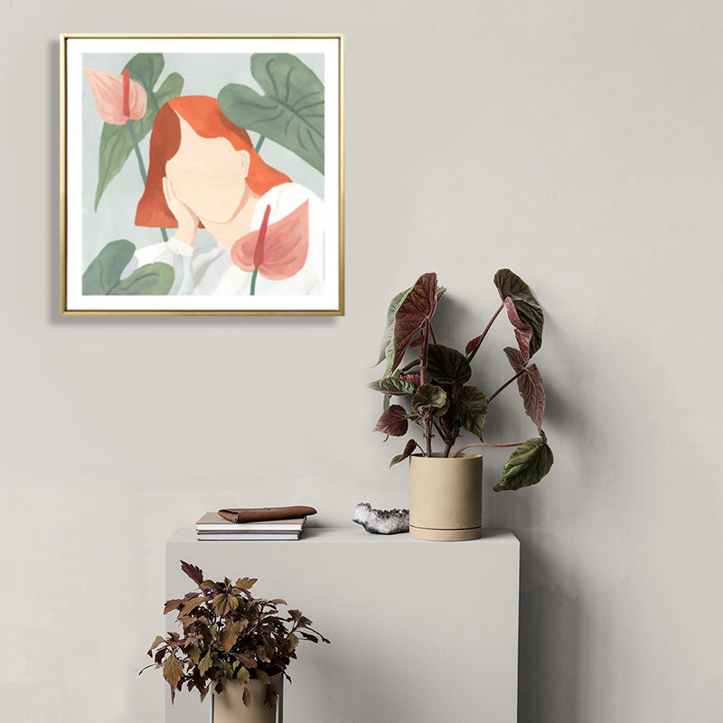 Brehn | Mädchen und Pflanze Zeichnung Leinwand Nordic Stilvolles Mode Wandkunst Druck in Pastellfarbe