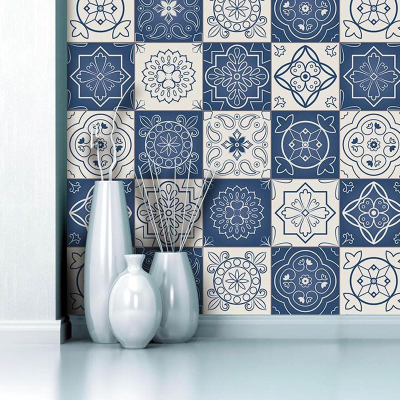 Brehn | Blumen Mandala Fliesen Tapetenbordüre Bohemian PVC Wandkunst in Blau und Weiß, Abziehbar