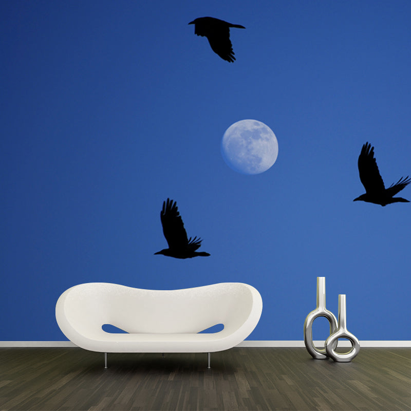 Brehn | Maßgeschneiderte Fotografie Moderne Wandtapete mit Adler und Mond auf Himmel Muster, Blau-Schwarz