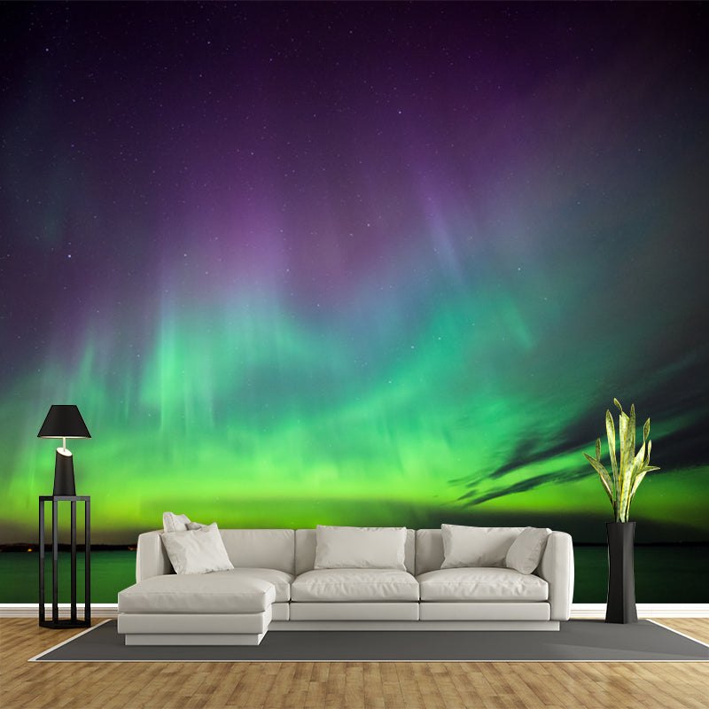 Brehn | Draping Aurora über dem See Mural Wallpaper Lila-Grün Skandinavische Wanddekoration für Wohnzimmer
