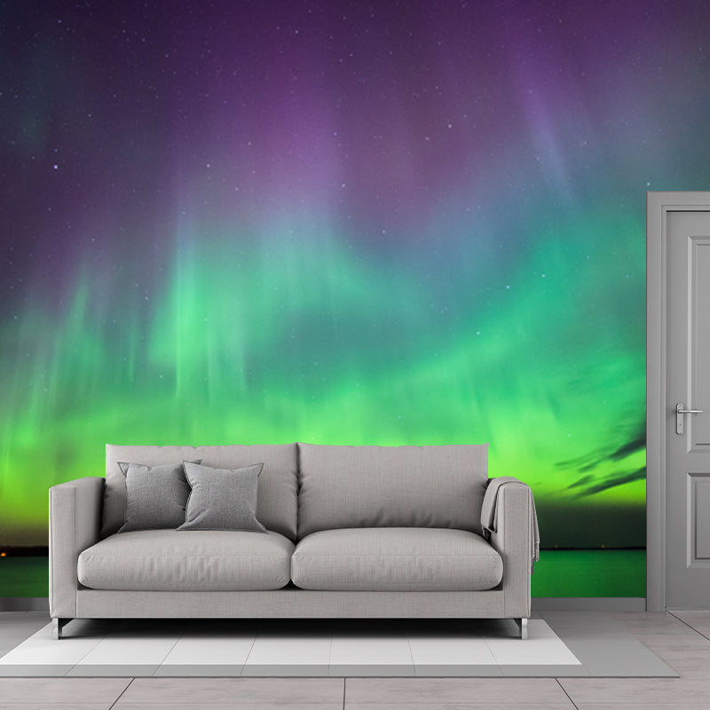 Brehn | Draping Aurora über dem See Mural Wallpaper Lila-Grün Skandinavische Wanddekoration für Wohnzimmer