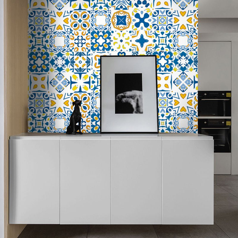 Brehn | Gelb-Blau Boho Tapetenpaneele 10,3 Quadratfuß Mosaikfliesen Abziehbare Wandverkleidung für das Wohnzimmer