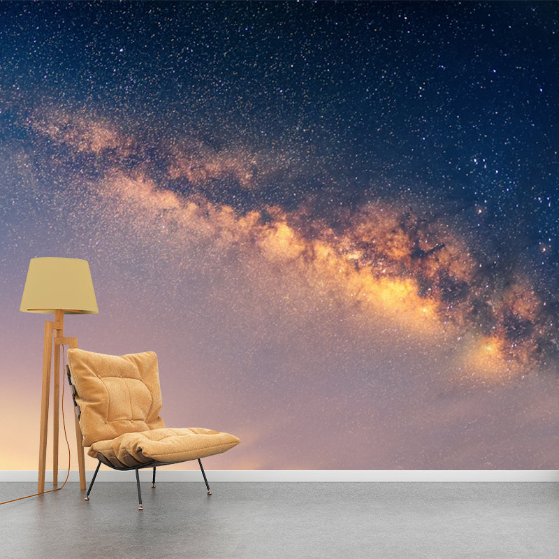 Brehn | Nachthimmel Galaxie Bedrucktes Wandbild in Blau-Gelb Modernistische Wandkunst für das Wohnzimmer