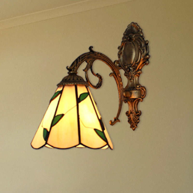 BowLift | Leaf Corridor Wall Lamp with Carved Base Glass 1 Light Tiffany Wall Lamp in Beige