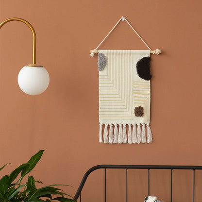 Gewebter Boho-Wandbehang mit Ethno-Diamantmuster, Baumwollfransen und Holzstab Brehn