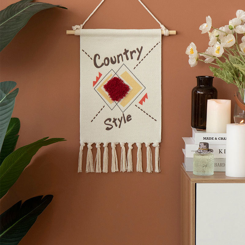 Gewebter Boho-Wandbehang mit Ethno-Diamantmuster, Baumwollfransen und Holzstab Brehn