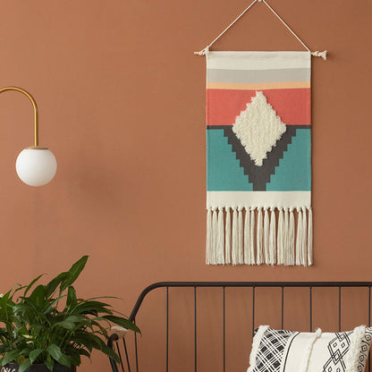 Gewebter Boho-Wandbehang mit Ethno-Diamantmuster, Baumwollfransen und Holzstab Brehn