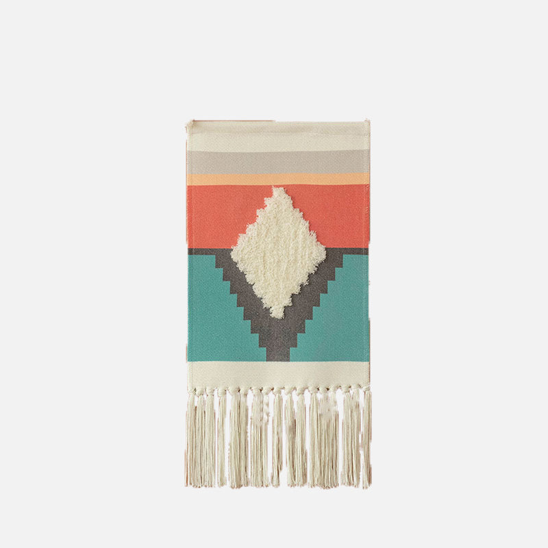 Gewebter Boho-Wandbehang mit Ethno-Diamantmuster, Baumwollfransen und Holzstab Brehn