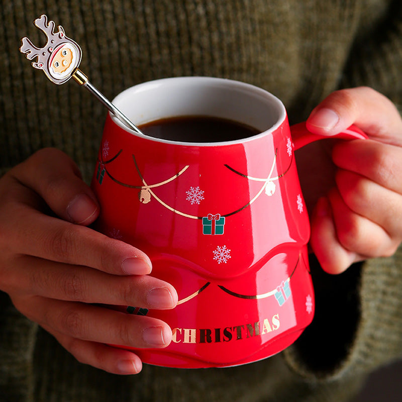 Brehn | Weihnachtsbecher Geschenk mit Deckel und Rührer Große Kapazität Keramikkaffeetasse