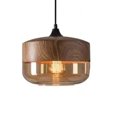 Handgeblasene Pendelleuchte aus Glas und Holz, verstellbar