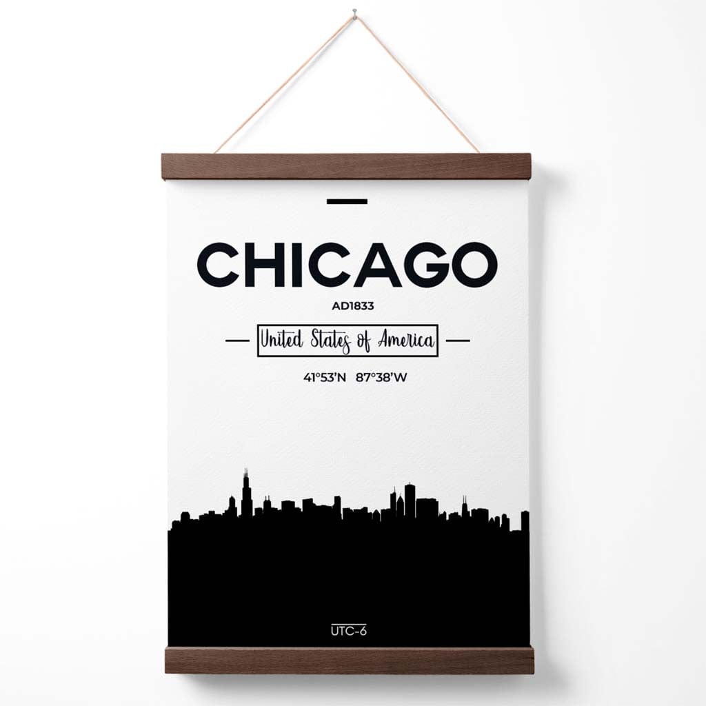 Chicago-Stadtbildposter in Schwarz-Weiß mit Aufhänger