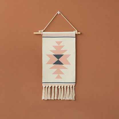Gewebter Boho-Wandbehang mit Ethno-Diamantmuster, Baumwollfransen und Holzstab Brehn