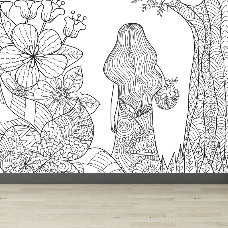 Brehn | Art Deco Bloeiend Wandtapijt Zwart en Wit Vlekbestendige Wandbekleding voor Meisjeskamer