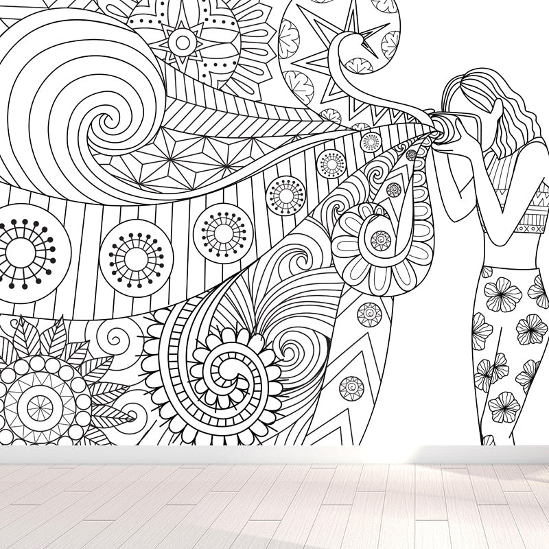 Brehn | Art Deco Bloeiend Wandtapijt Zwart en Wit Vlekbestendige Wandbekleding voor Meisjeskamer