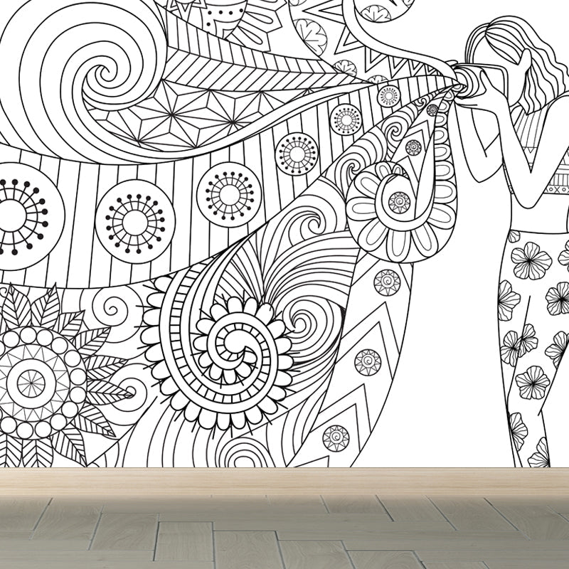 Brehn | Art Deco Bloeiend Wandtapijt Zwart en Wit Vlekbestendige Wandbekleding voor Meisjeskamer