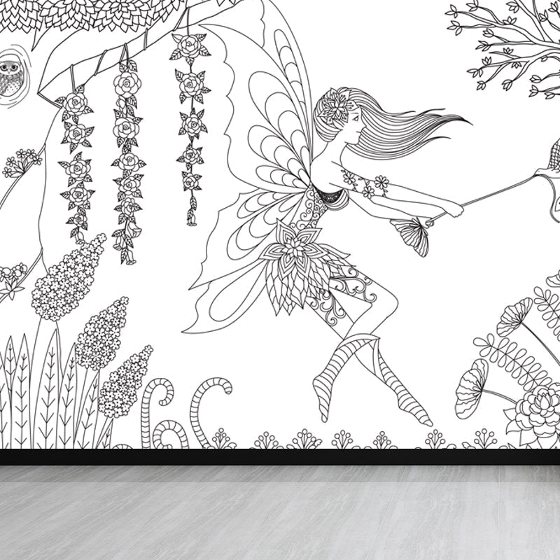 Brehn | Handdruck Märchen Wandmalerei Schwarz und Weiß Cartoon Wanddekoration für das Kinderzimmer