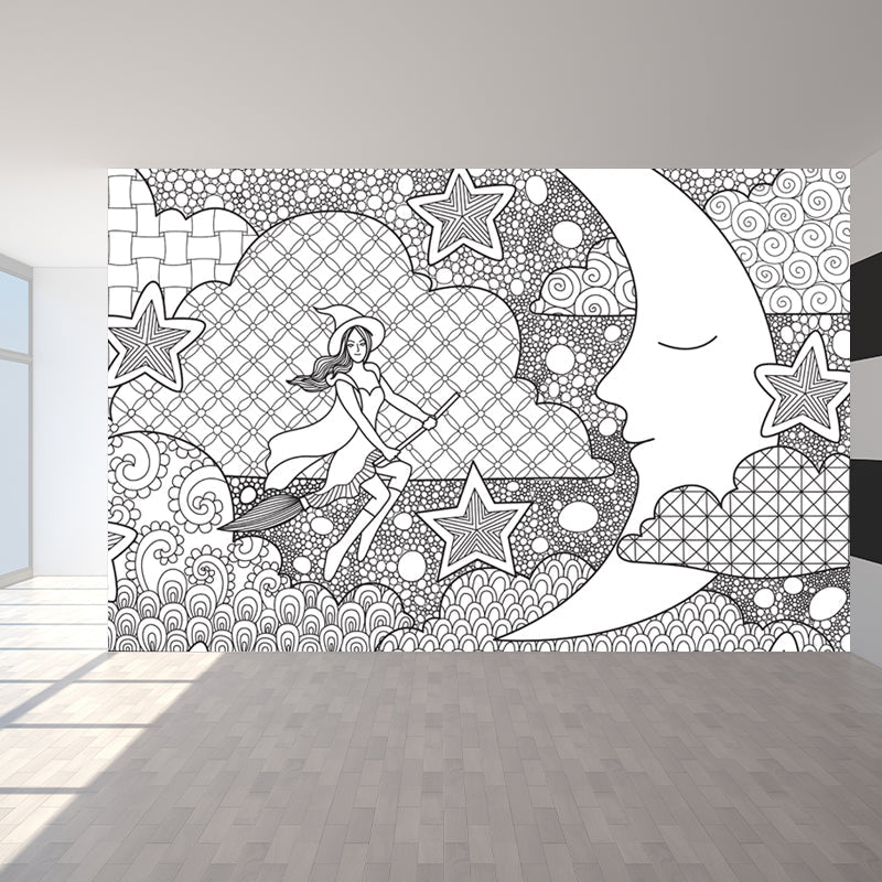 Brehn | Handdruck Märchen Wandmalerei Schwarz und Weiß Cartoon Wanddekoration für das Kinderzimmer