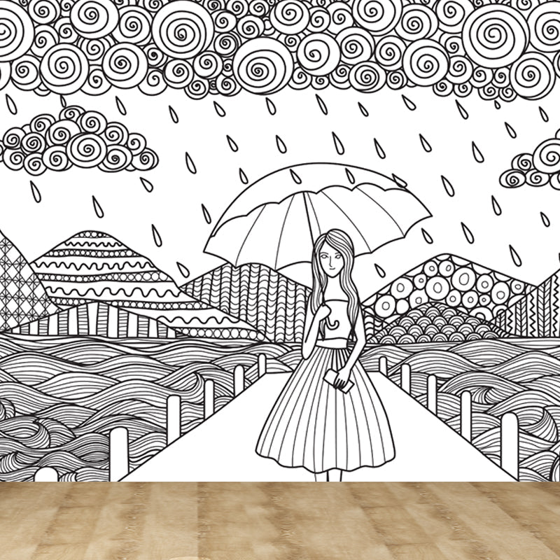 Brehn | Zwarte en Witte Doodles Muurbehang Fantasy Kinderen Vochtbestendige Muurkunst