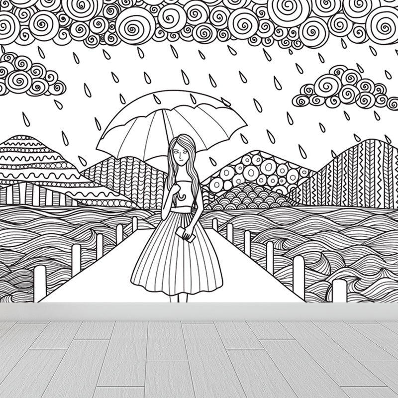 Brehn | Zwarte en Witte Doodles Muurbehang Fantasy Kinderen Vochtbestendige Muurkunst