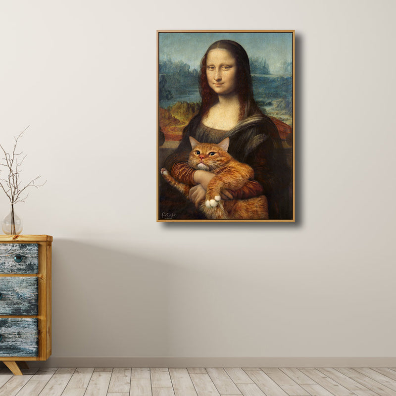 Brehn | Schwarze moderne Wandkunst Spoof-Zeichnung Mona Lisa mit ihrer Katze Leinwanddruck für das Schlafzimmer