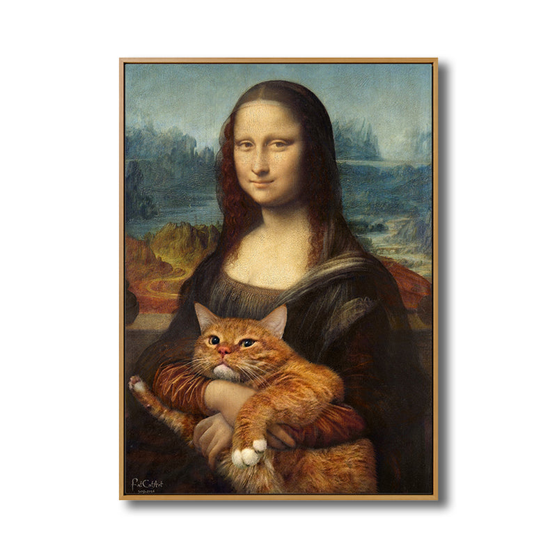 Brehn | Schwarze moderne Wandkunst Spoof-Zeichnung Mona Lisa mit ihrer Katze Leinwanddruck für das Schlafzimmer