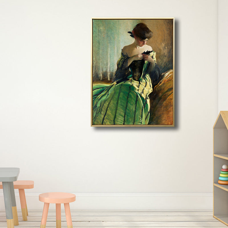 Brehn | Mädchen in grüner Robe Malerei Figur Renaissance texturierte Wandkunst Dekor für Esszimmer