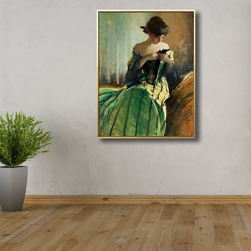 Brehn | Mädchen in grüner Robe Malerei Figur Renaissance texturierte Wandkunst Dekor für Esszimmer