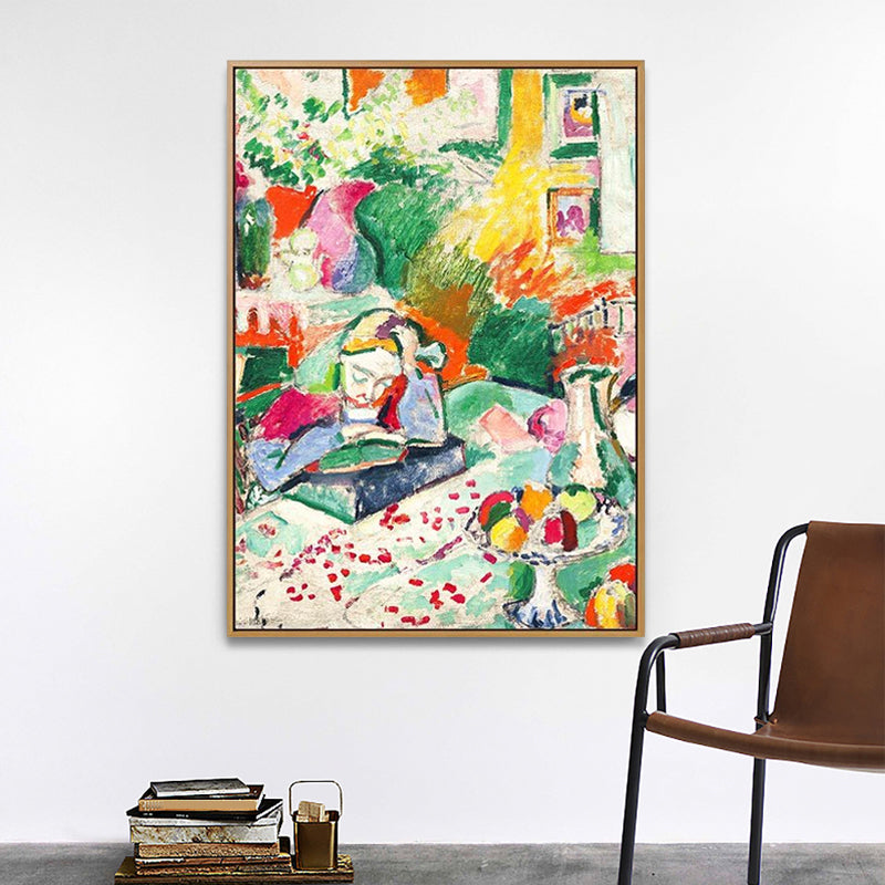 Brehn | Mädchen beim Lesen Buch Malerei Grün Modernismus Leinwand Wandkunst für Schlafzimmer, Texturiert