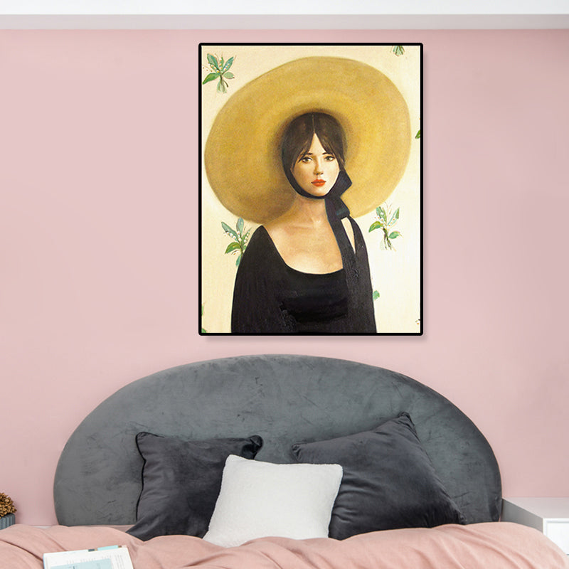 Brehn | Gelbes traditionelles Wandkunstgemälde Druck Frau mit Strohhut Leinwand für Mädchenzimmer
