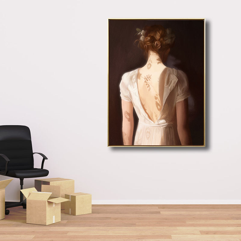Brehn | Hellbraunes Retro-Leinwandbild Frau in Weiß Wandkunst Dekor für das Mädchenzimmer