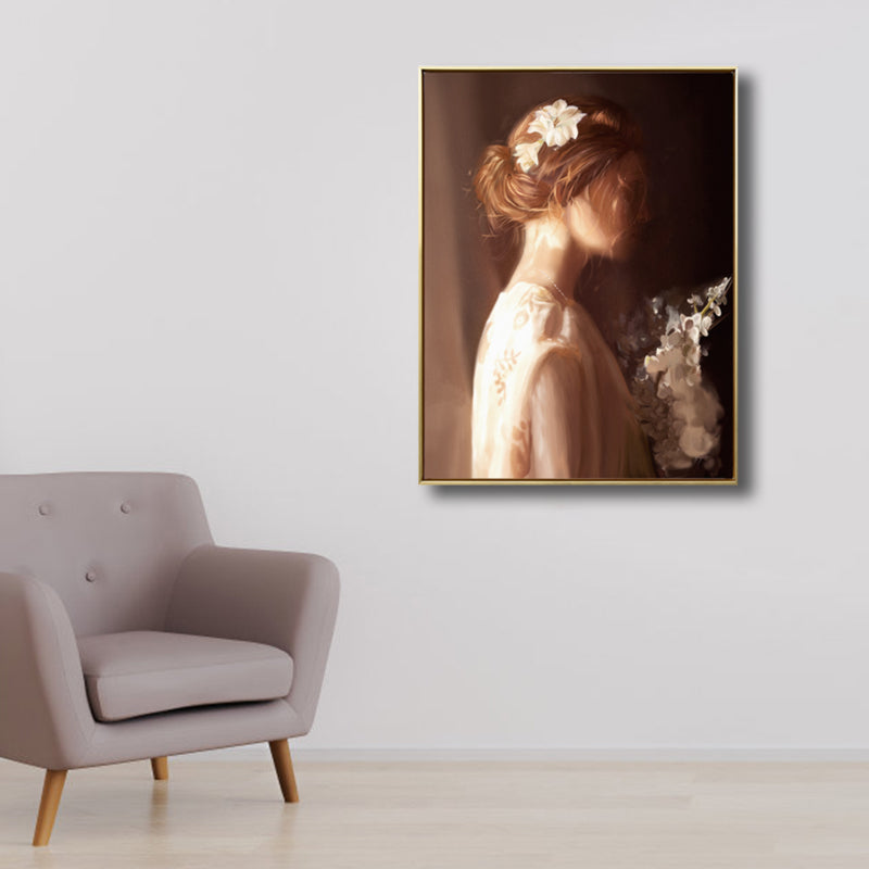 Brehn | Hellbraunes Retro-Leinwandbild Frau in Weiß Wandkunst Dekor für das Mädchenzimmer