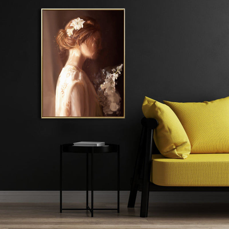 Brehn | Hellbraunes Retro-Leinwandbild Frau in Weiß Wandkunst Dekor für das Mädchenzimmer