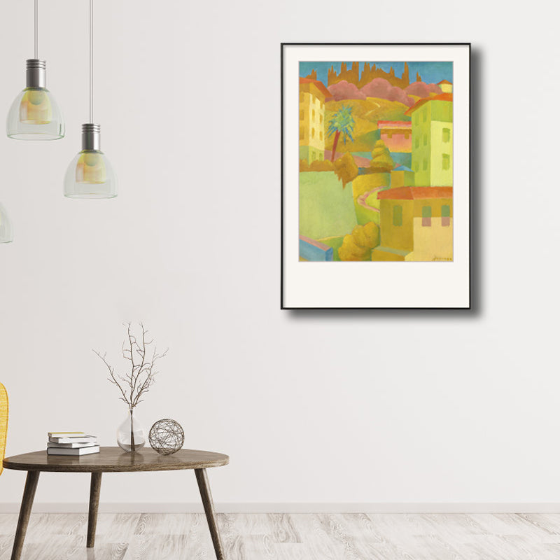 Brehn | Illustriertes Hausbau-Leinwandkunst Gelbe zeitgenössische Wanddekoration für das Wohnzimmer