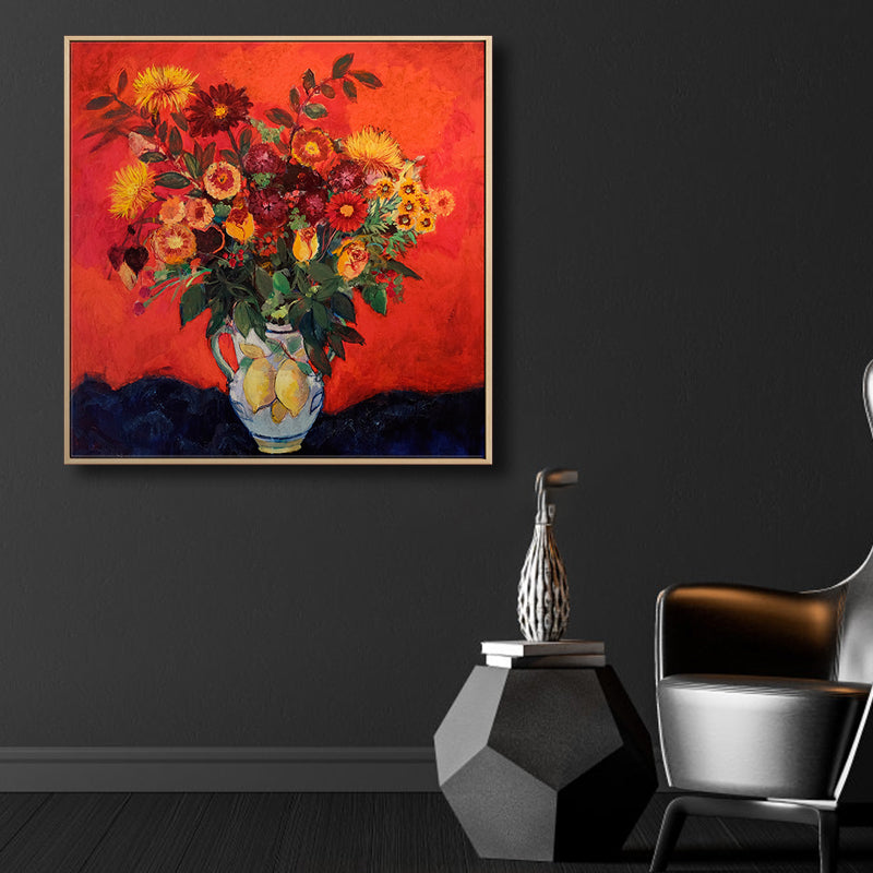 Brehn | Blühende Blumenvasen-Leinwandkunst Impressionismus Texturiertes Gemälde in dunkler Farbe für den Raum