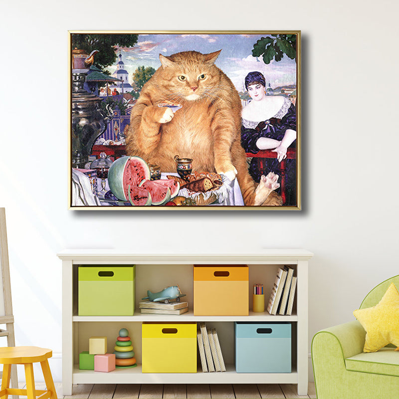 Brehn | Illustration Dicke Katze Wandkunst Druck Sanfte Farbe Modernes Wanddekor für Esszimmer
