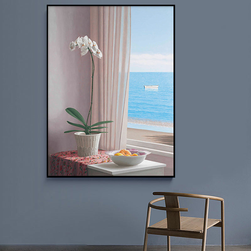 Brehn | Blaues Topf Wanddecor Blume Skandinavisches Texturiertes Leinwandbild für das Wohnzimmer