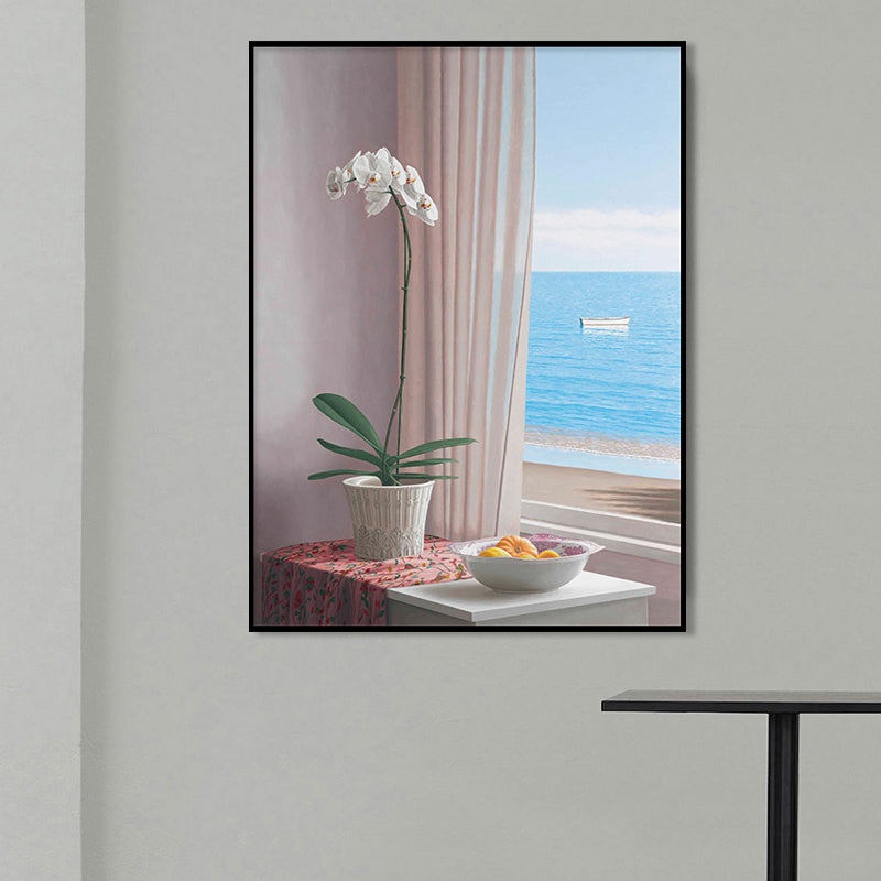 Brehn | Blaues Topf Wanddecor Blume Skandinavisches Texturiertes Leinwandbild für das Wohnzimmer