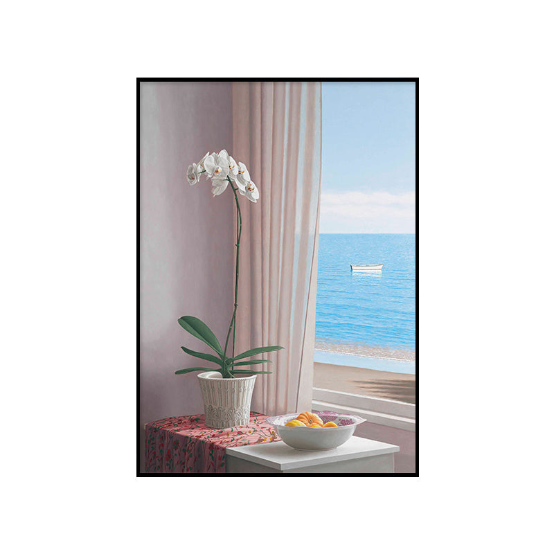Brehn | Blaues Topf Wanddecor Blume Skandinavisches Texturiertes Leinwandbild für das Wohnzimmer