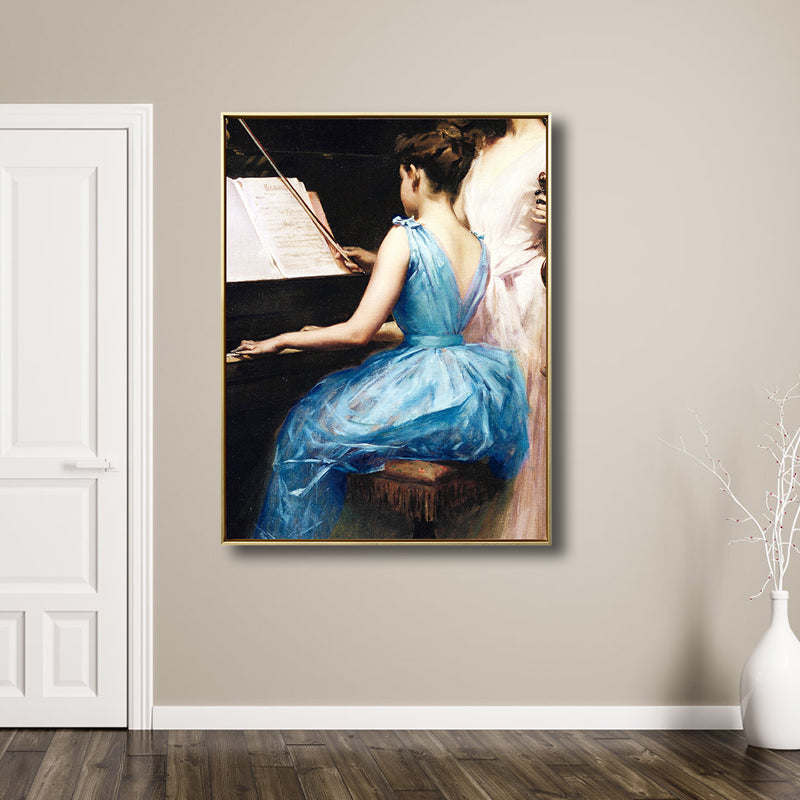 Brehn | Blaue Renaissance Wandkunst Druck Malerei Mädchen, das Klavier übt, Leinwand für das Studienzimmer