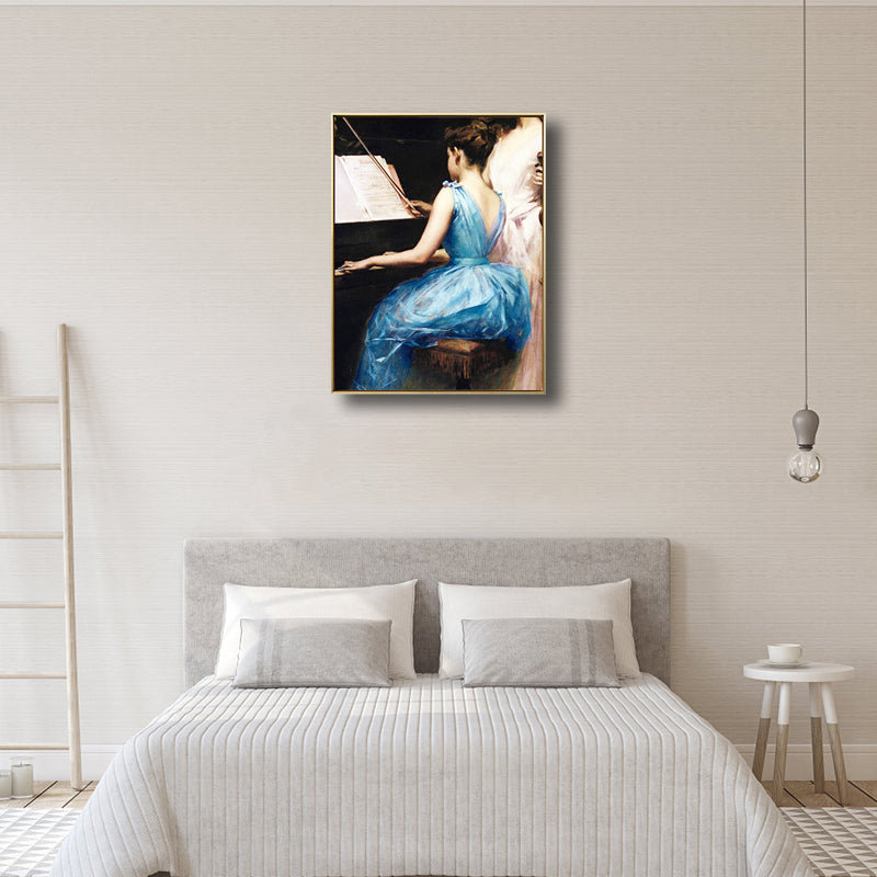 Brehn | Blaue Renaissance Wandkunst Druck Malerei Mädchen, das Klavier übt, Leinwand für das Studienzimmer