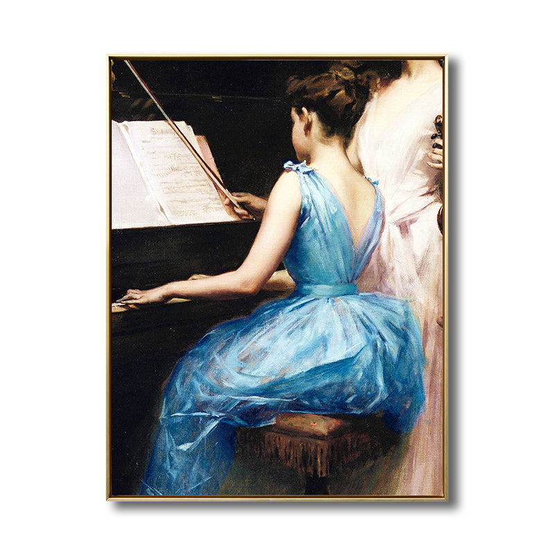 Brehn | Blaue Renaissance Wandkunst Druck Malerei Mädchen, das Klavier übt, Leinwand für das Studienzimmer