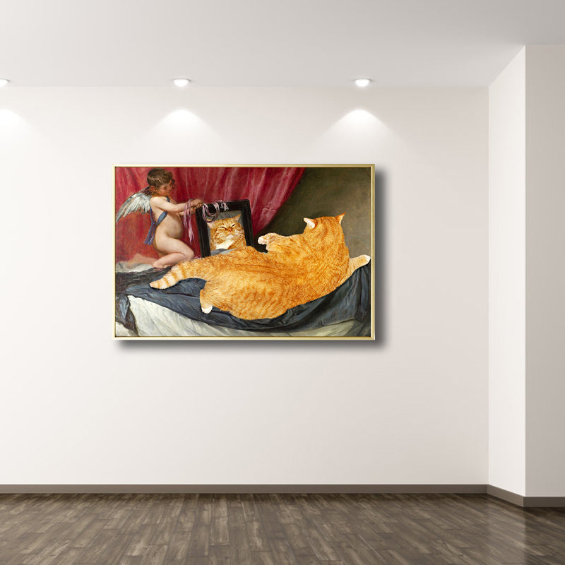 Brehn | Angel Boy und Katze Leinwandkunst Schlafzimmer Tierzeichnung Wanddekoration in Gelb, Strukturiert