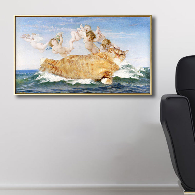 Brehn | Fat Cat und Angels Canvas Kinderstil Spoof Tier Wandkunst Druck in Gelb und Blau