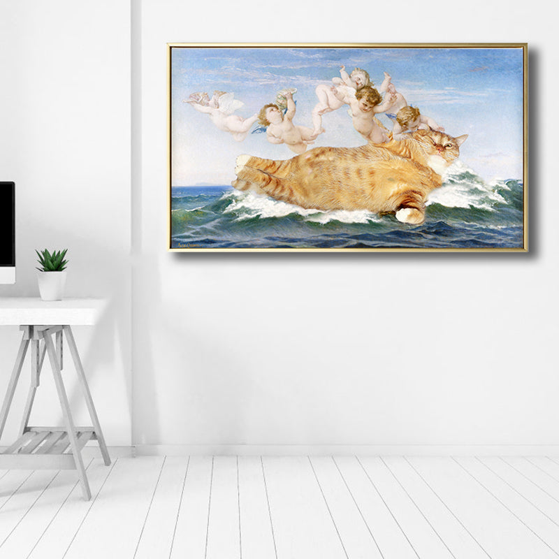 Brehn | Fat Cat und Angels Canvas Kinderstil Spoof Tier Wandkunst Druck in Gelb und Blau