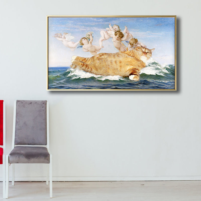 Brehn | Fat Cat und Angels Canvas Kinderstil Spoof Tier Wandkunst Druck in Gelb und Blau