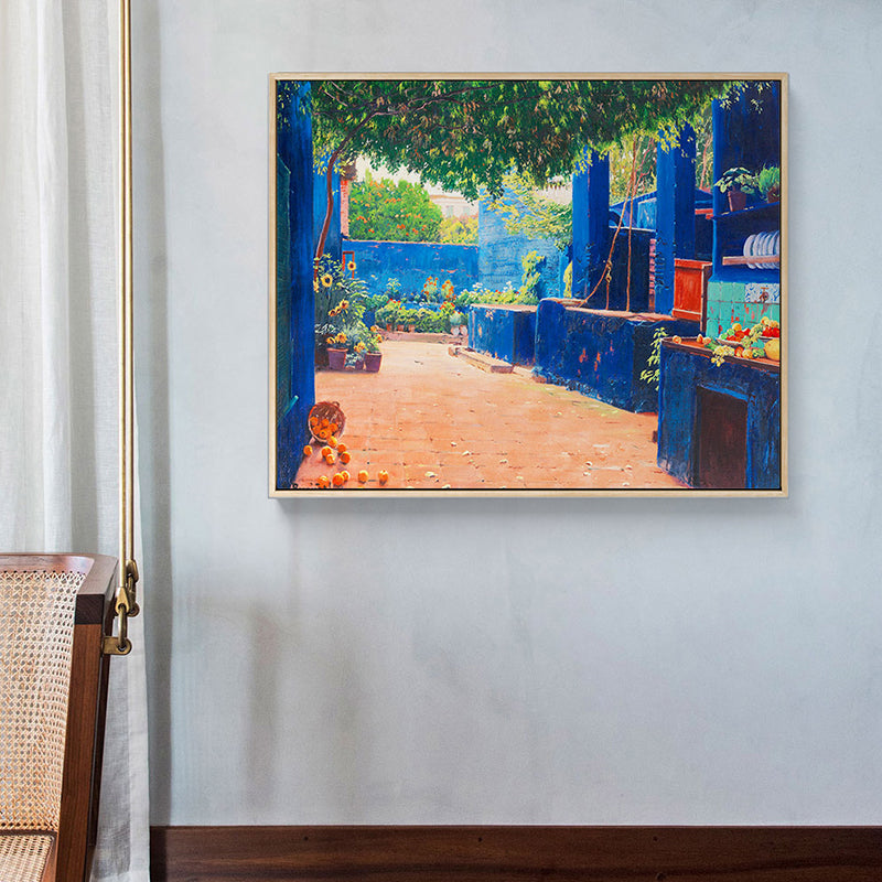 Brehn | Gemälde Druck Hinterhof Landschaft Leinwand Impressionismus Texturiert Schlafzimmer Wandkunst in Blau