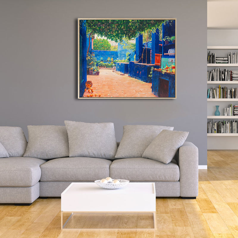 Brehn | Gemälde Druck Hinterhof Landschaft Leinwand Impressionismus Texturiert Schlafzimmer Wandkunst in Blau